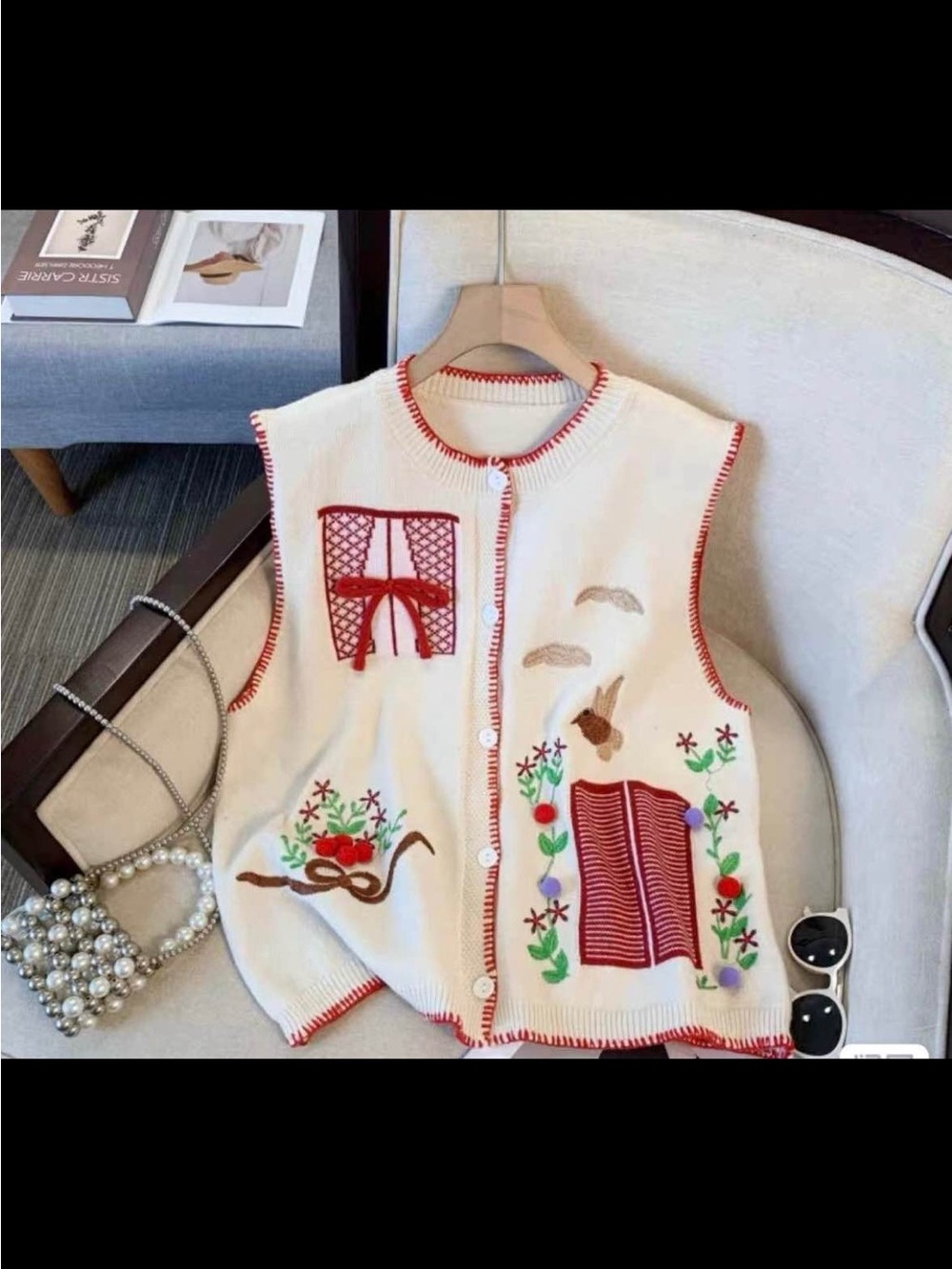 Cream Knit Embroidered Girls' Vest with Red Accents